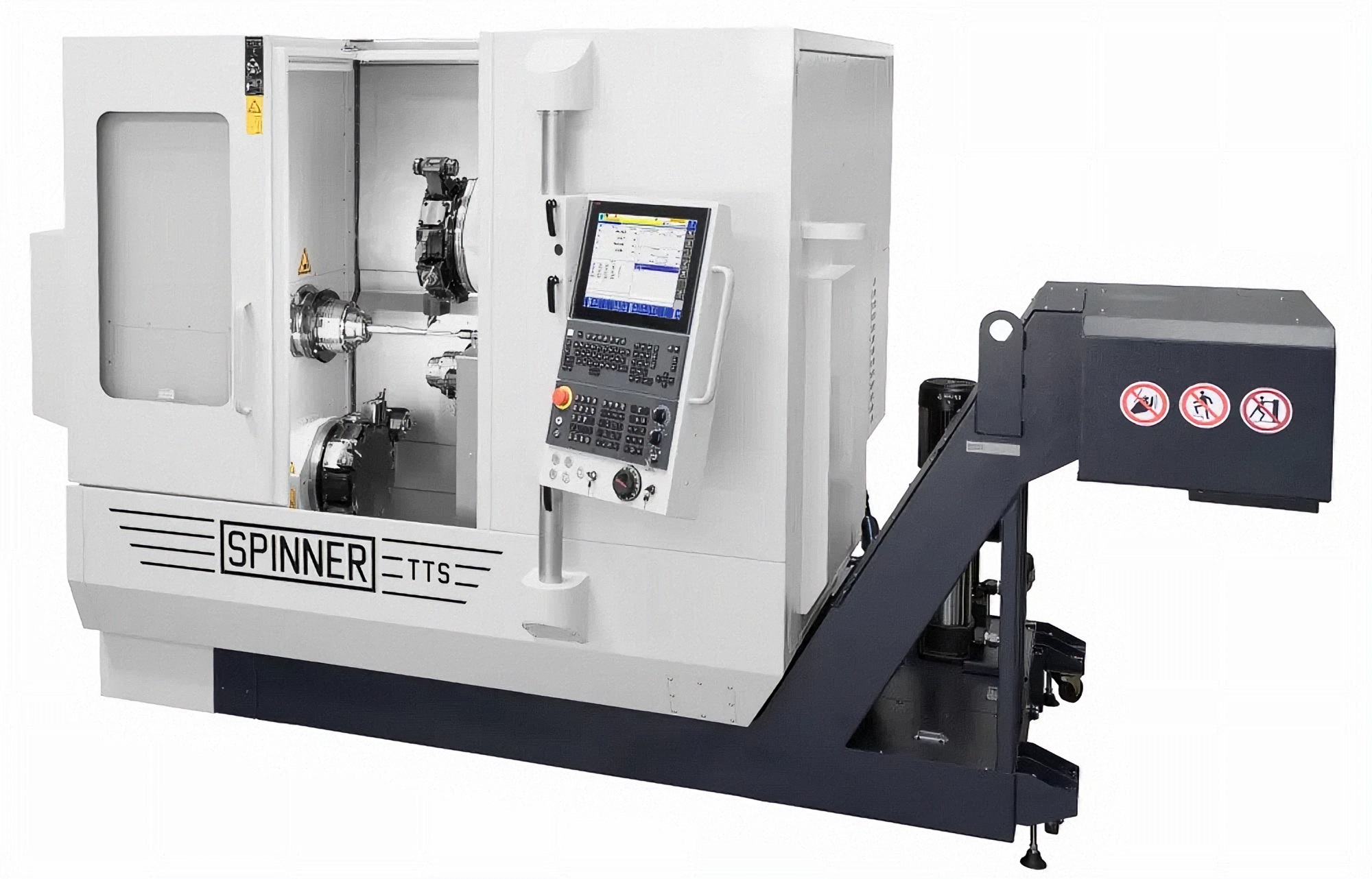Spinner TTS series simultaneous turning machine for bar and chuck machining.